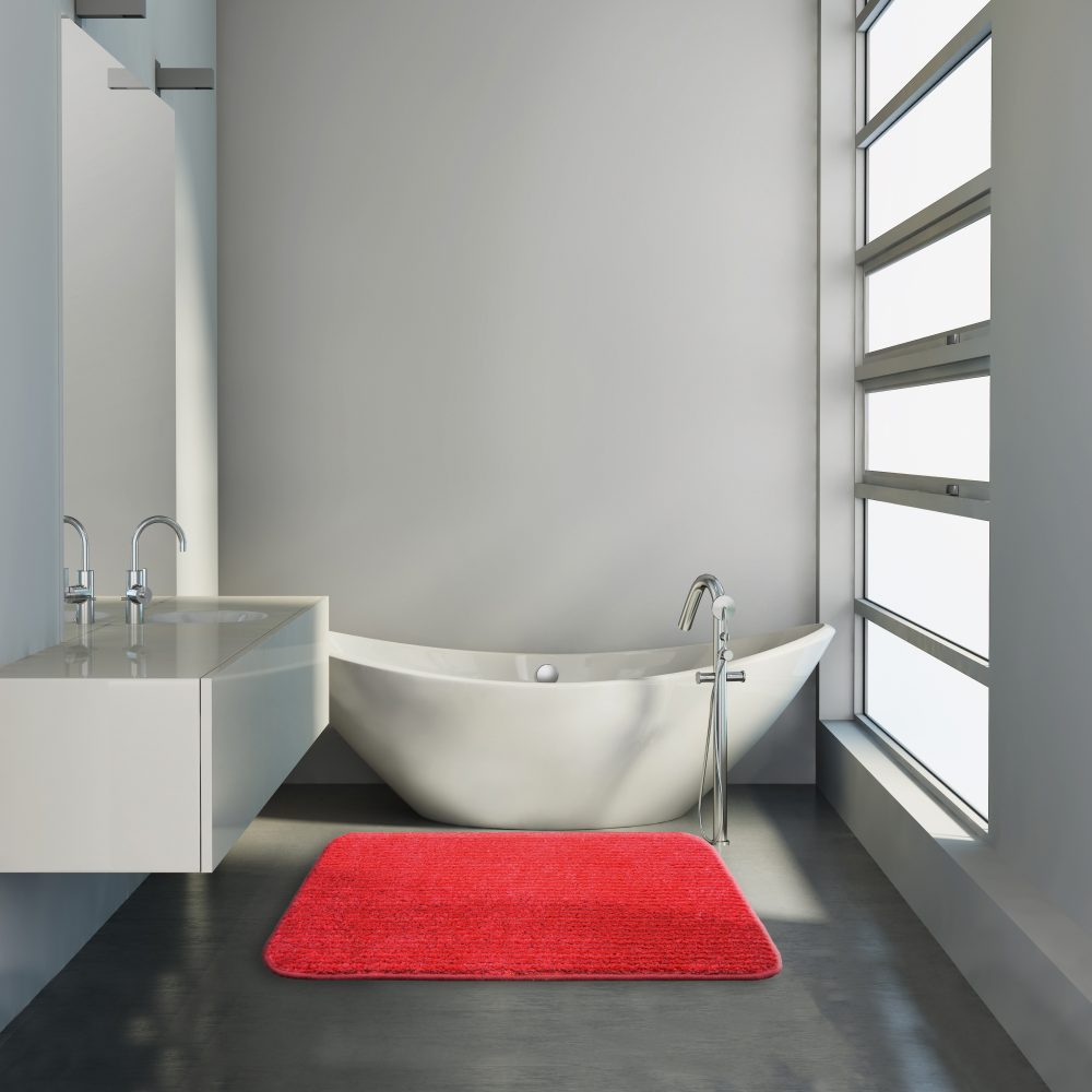 Minimal contemporary grey bathroom with bathtub and sink